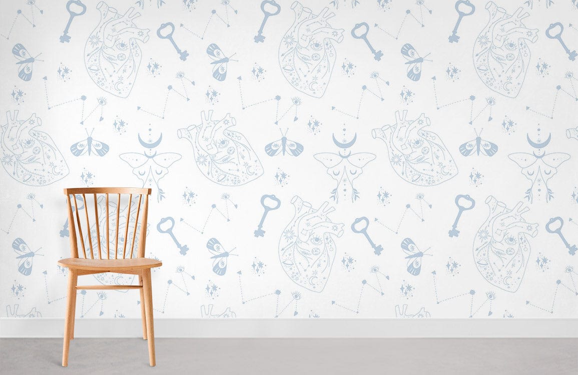 Delicate Blue Vintage Heart and Key Wallpaper Design with wooden chair, white wall, concrete flooring.