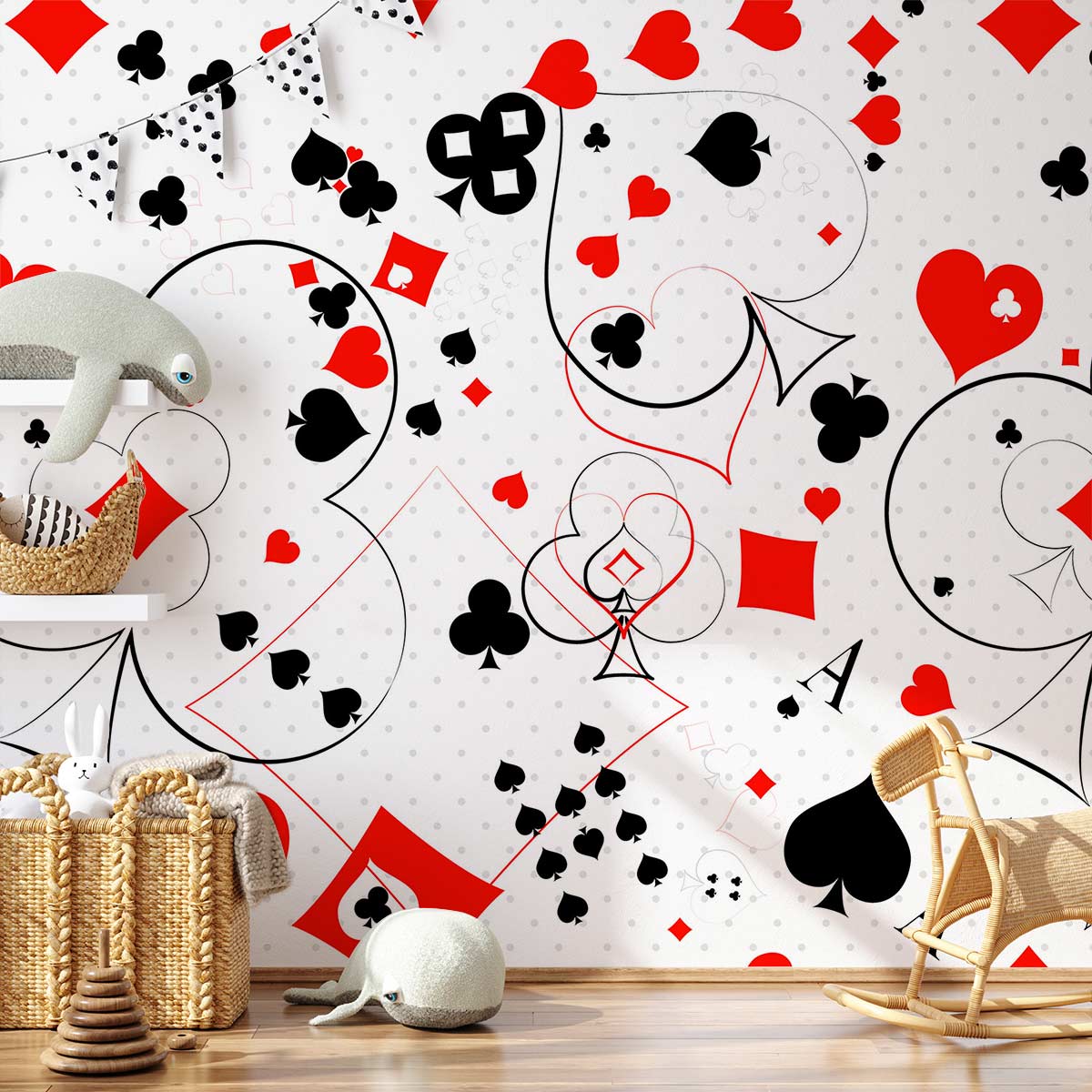 Vintage playing cards wallpaper in red, black, and white with wicker baskets and wooden flooring.