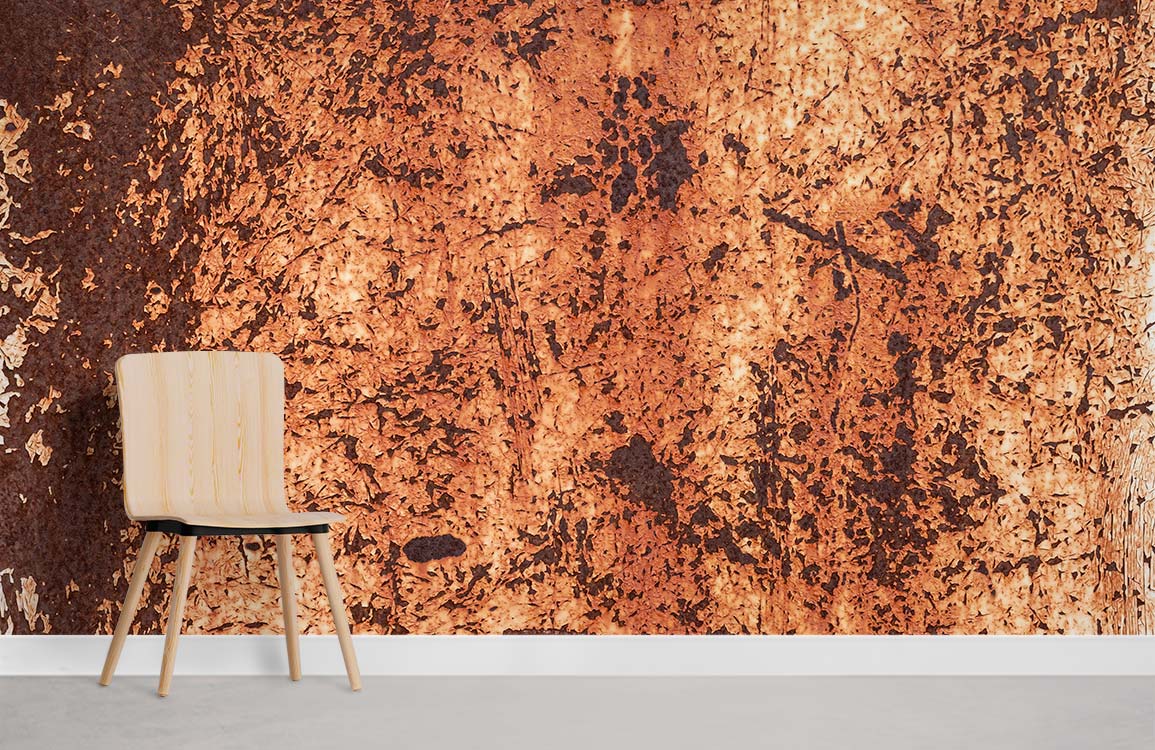 Rustic copper wallpaper mural with textured design, light wood chair, concrete floor, industrial chic style.