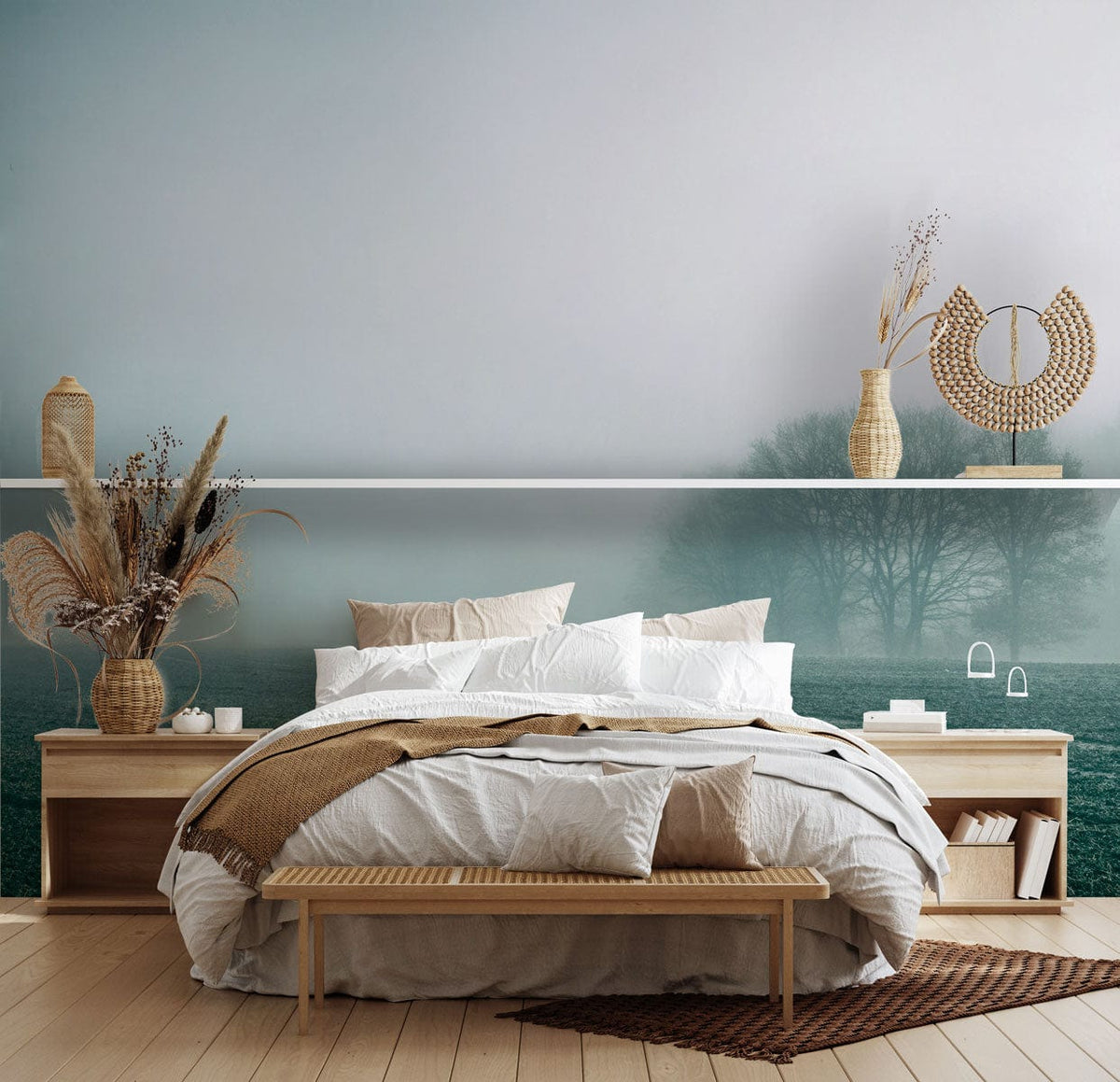 Misty Morning Landscape Mural Wallpaper in bedroom, featuring wooden bed, serene decor, and muted hues.