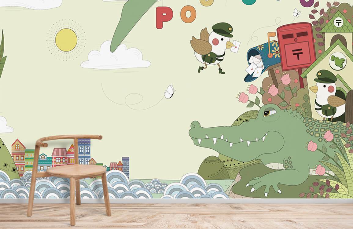 Whimsical animal post office mural with wooden chair, pastel colours, wooden flooring in children's room.