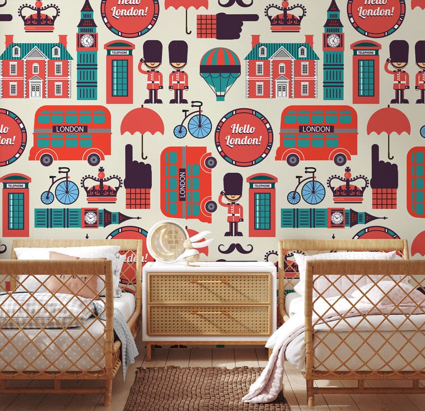 Retro London Icons patterned wallpaper showcasing vintage design in room with wicker furniture and wooden flooring.