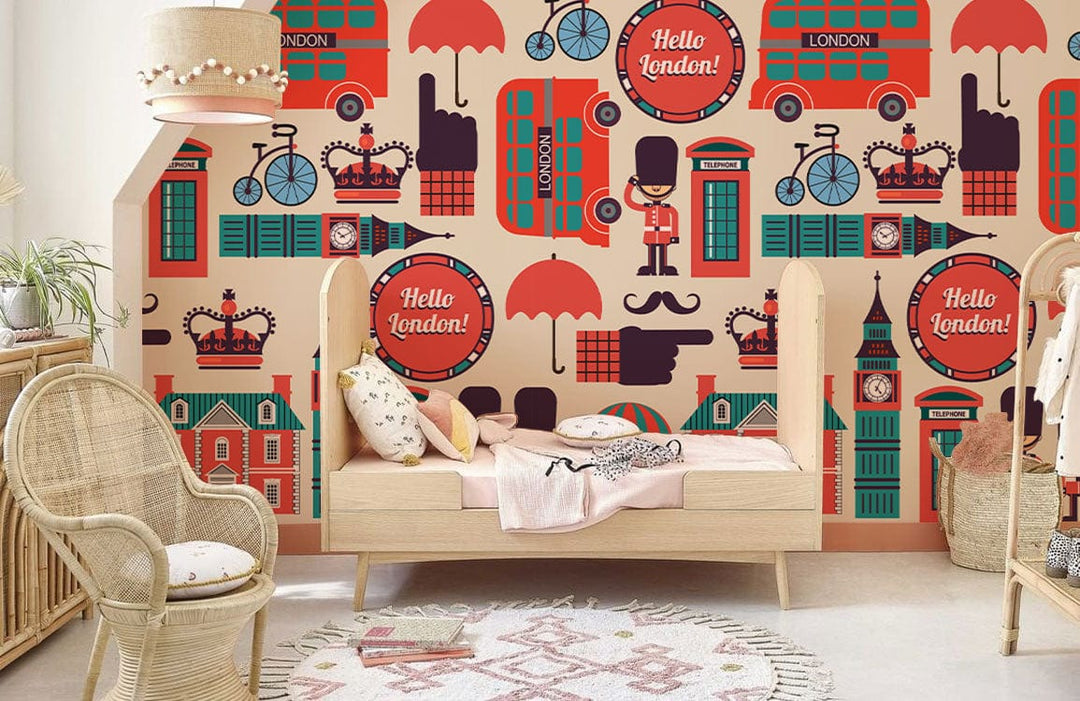 Retro London Icons wallpaper in vintage hues, paired with light wooden bed, wicker chair, and soft rug.