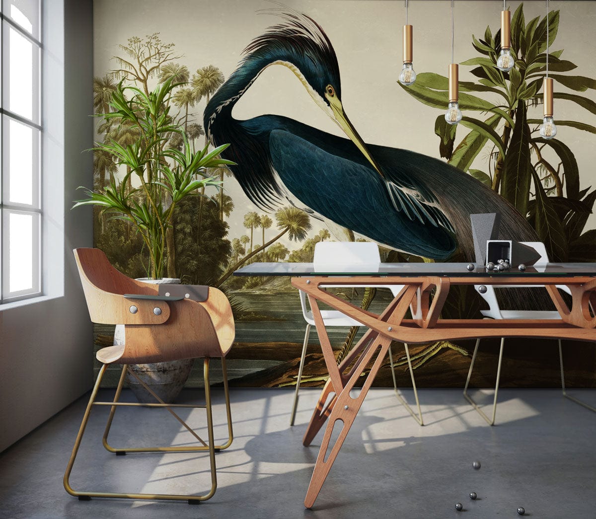 Elegant Blue Heron mural wallpaper, vintage tropical nature, modern dining room, wood chairs, grey flooring.