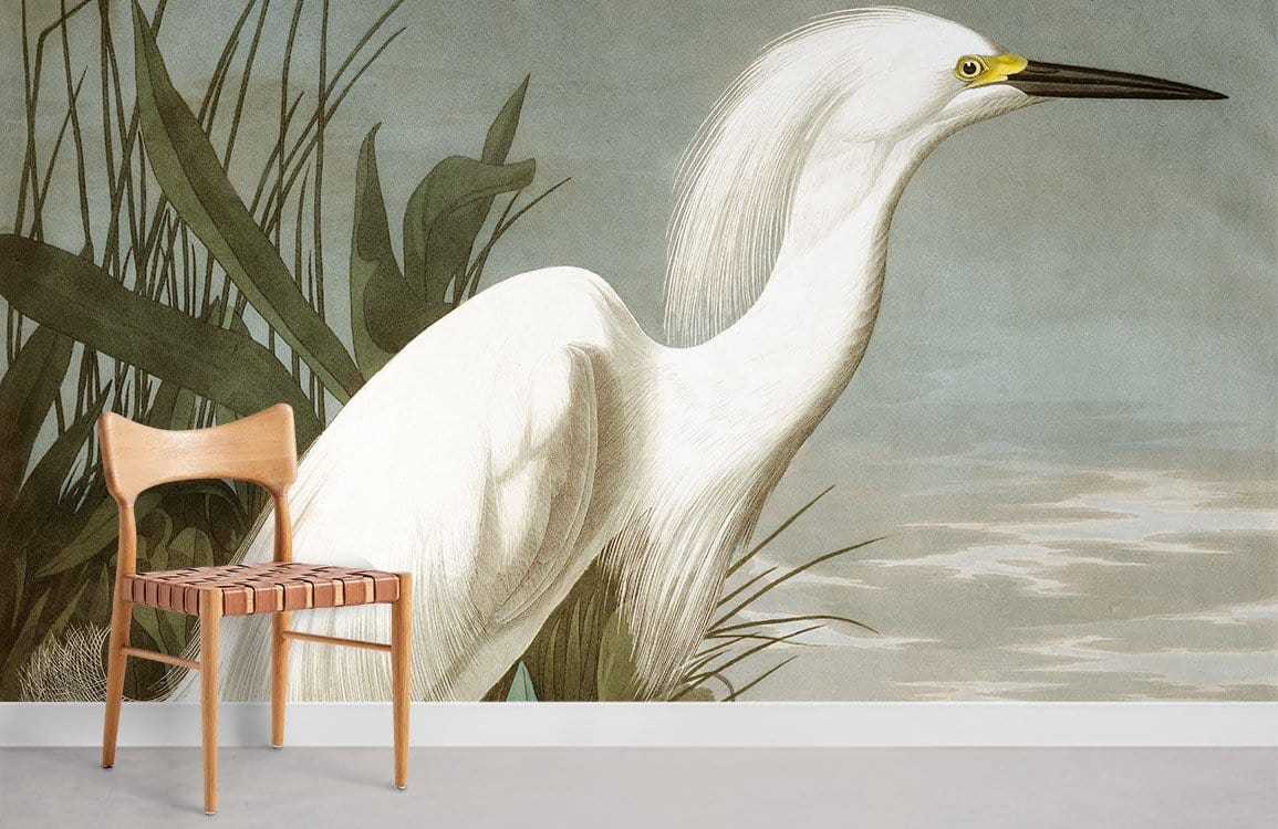Elegant White Egret Vintage Nature Mural Wallpaper with wooden chair on grey flooring in serene room.