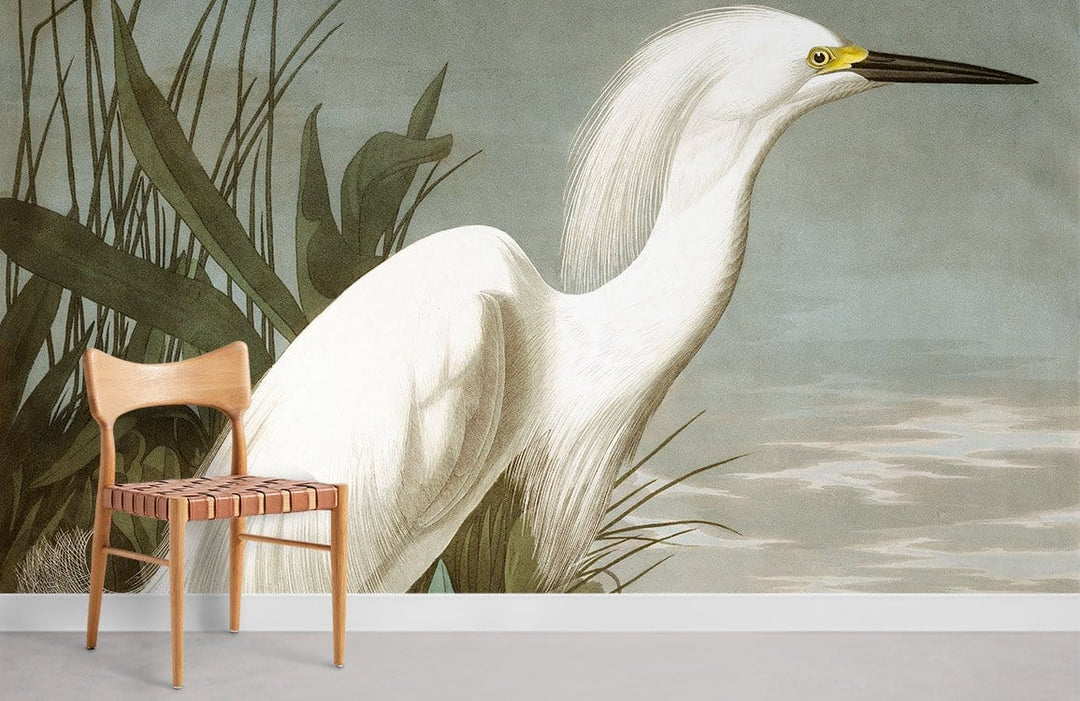 Elegant White Egret Vintage Nature Mural Wallpaper with wooden chair on grey flooring in serene room.