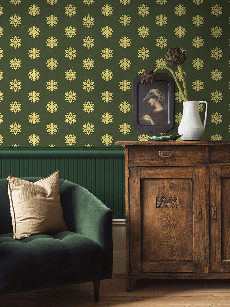 Vintage Olive Green Wallpaper with Floral Pattern for Elegant Interiors