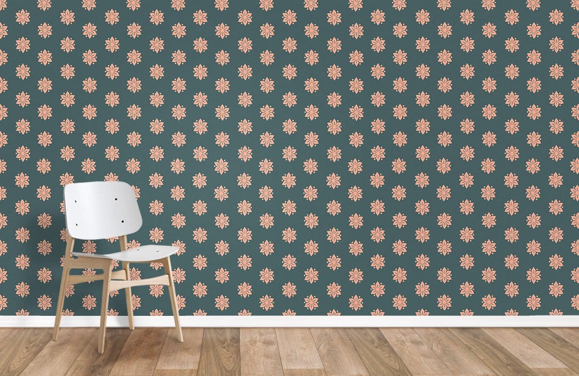 Vintage floral pattern wallpaper in green, pink with wooden chair, elegant interior design, hardwood flooring.