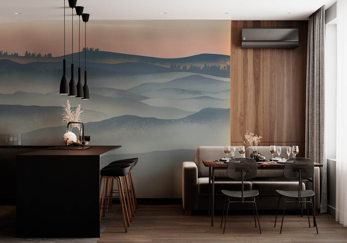 Dining room with Tranquil Misty Mountain Landscape mural, modern dark kitchen island, wood flooring.