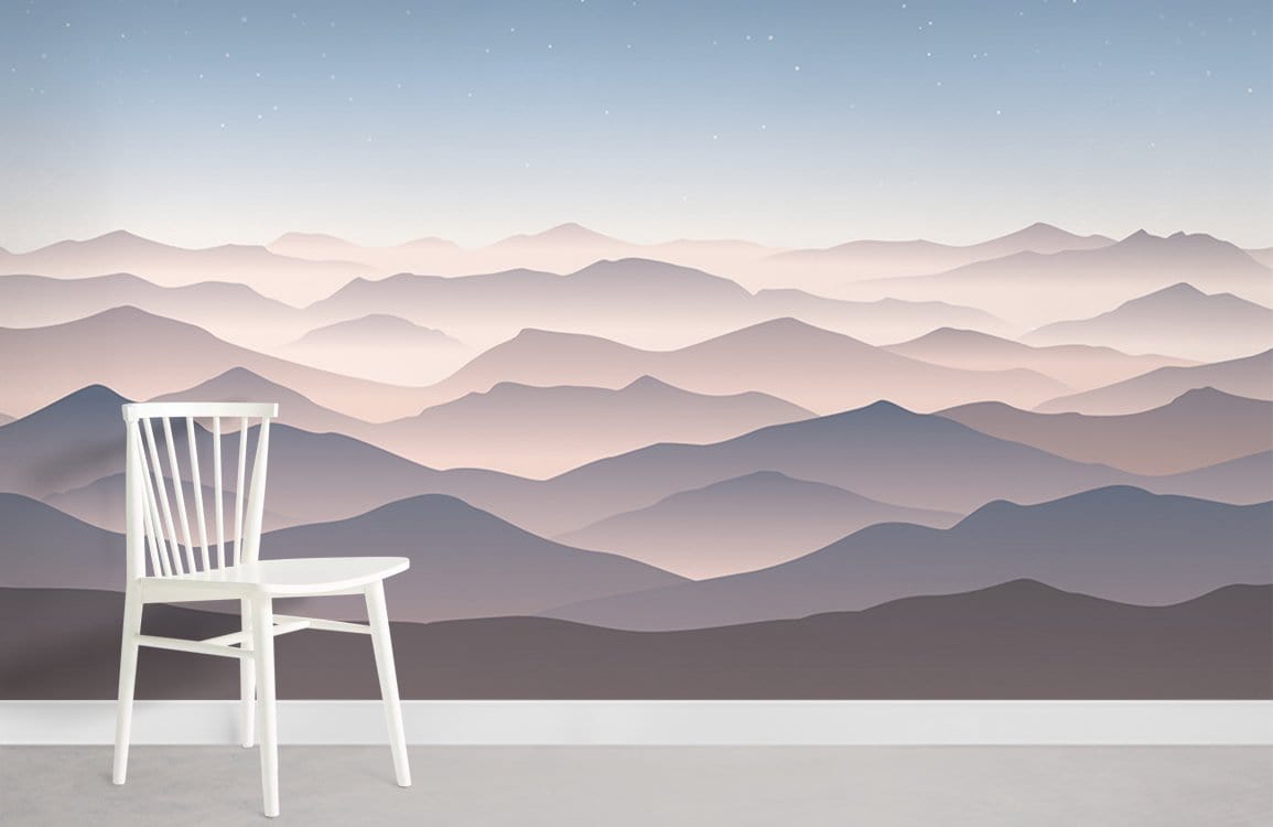 Dreamy Misty Mountains Landscape Mural Wallpaper, white chair, neutral tones, serene wall decor, subtle elegance.