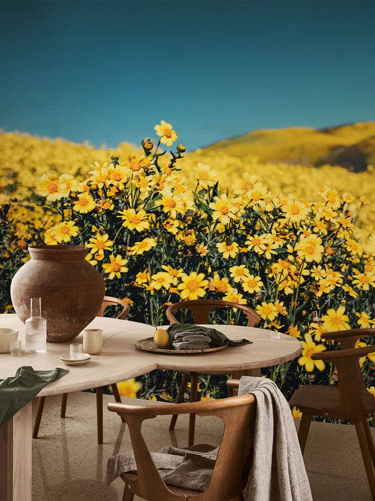 Golden Daisy Mural Wallpaper, wooden dining set, beige flooring, vibrant nature-themed room Décor.