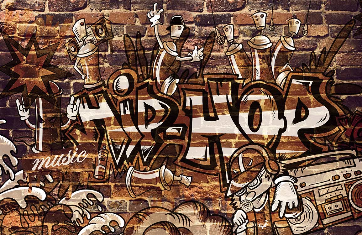 Graffiti Hip-Hop Brick Wall Mural Wallpaper in Vibrant Urban Street Style