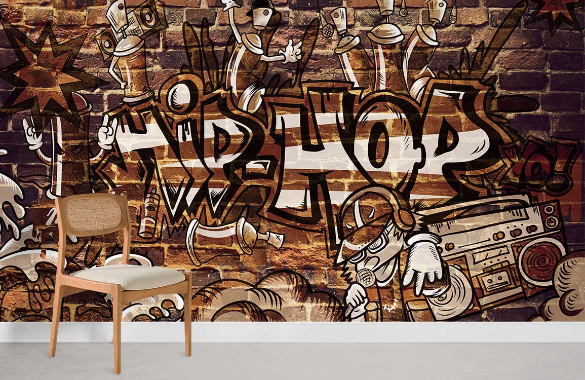 Graffiti Hip-Hop Brick Wall Mural in urban style, featuring brown chair, grey flooring in living room.