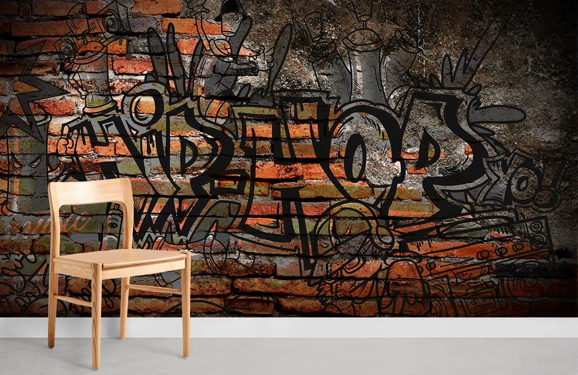Urban graffiti mural wallpaper in bold street art style, with wooden chair and grey flooring.