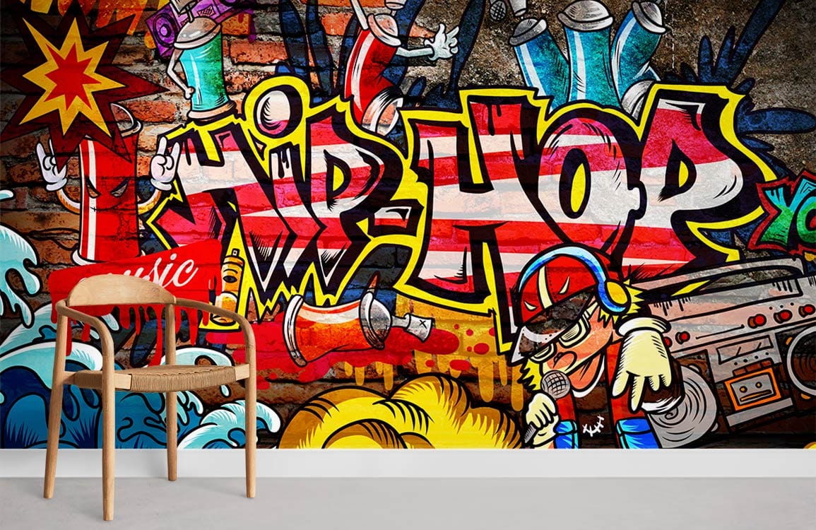 Vibrant graffiti hip-hop mural wallpaper featuring bold street art, complemented by a modern wooden chair.