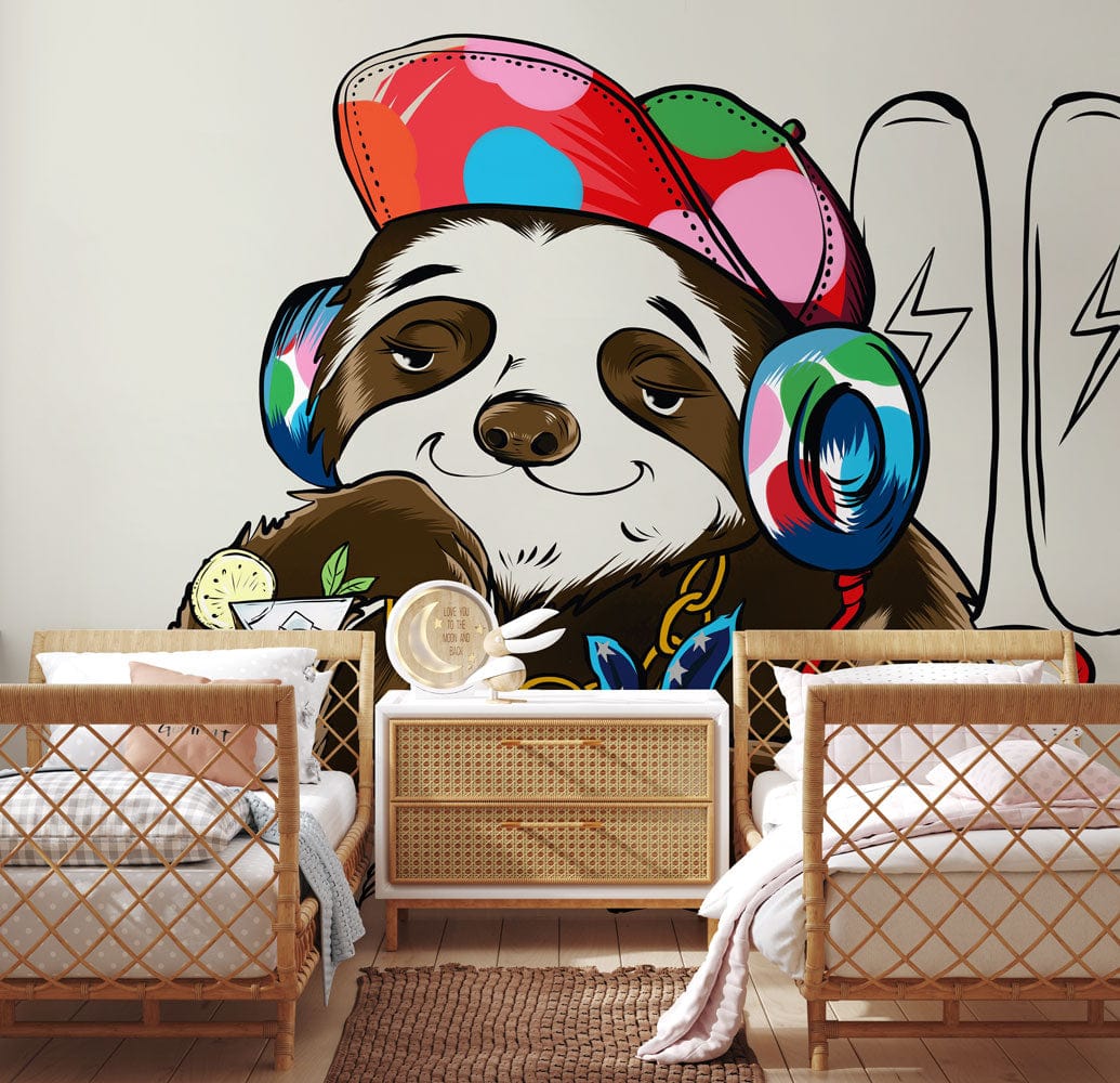 Vibrant sloth mural with headphones, rattan seating, wooden flooring, living room; colourful artistic design.
