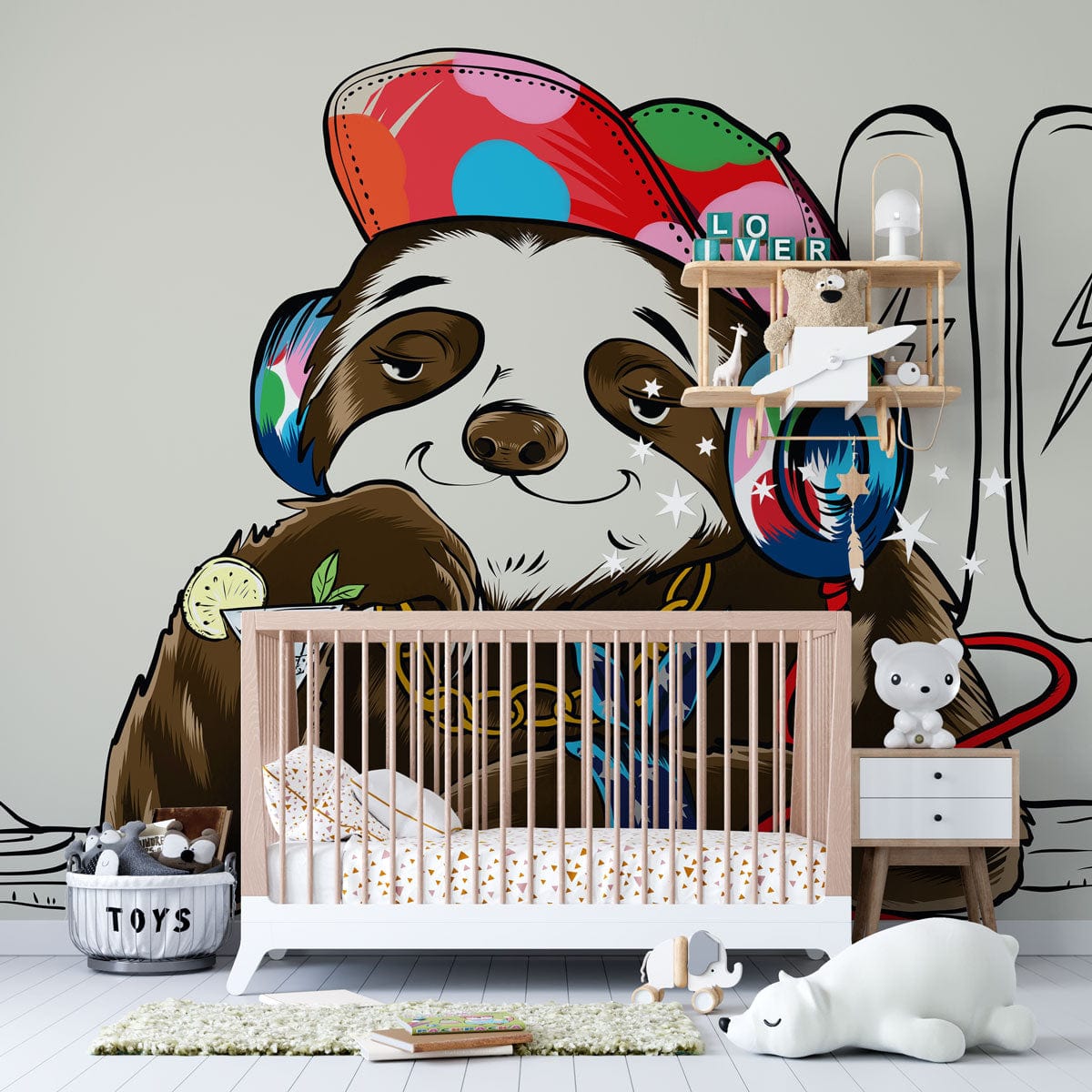 Nursery with Vibrant Hipster Sloth Mural Wallpaper, wooden cot, soft rug, and playful decor.