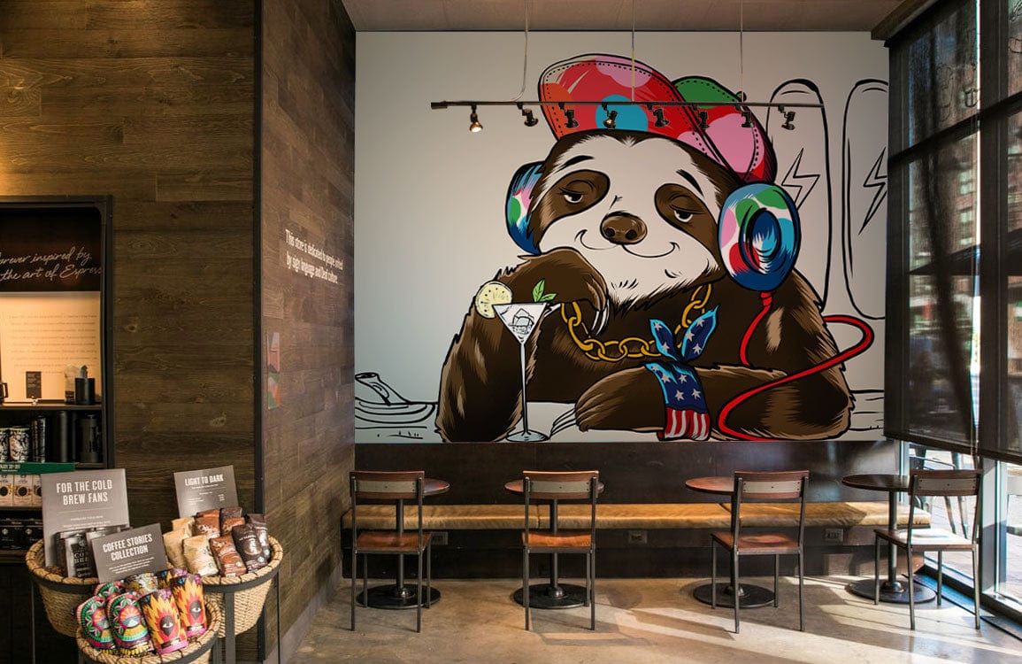 Vibrant Hipster Sloth mural in cafe with wooden walls, metal chairs, and polished concrete flooring.