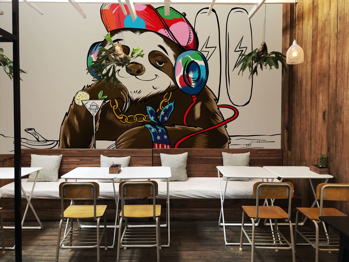Vibrant Hipster Sloth Mural in café setting with industrial chairs and wooden panelling accents.