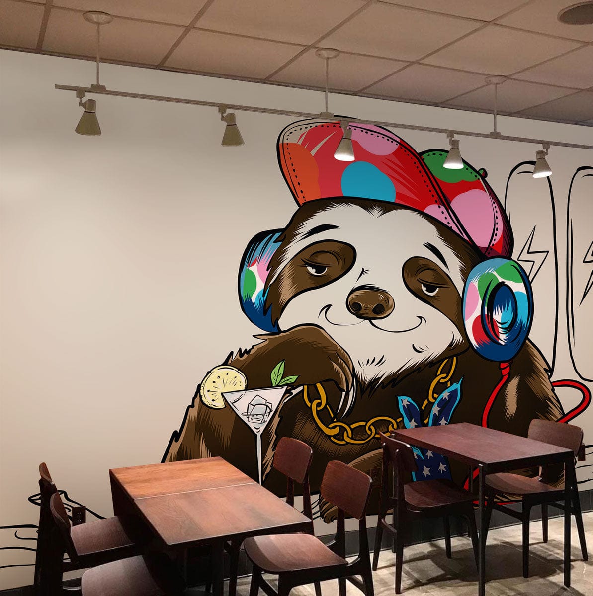 Vibrant sloth mural wallpaper in cafe with modern wooden chairs and tables, creative decor setting.
