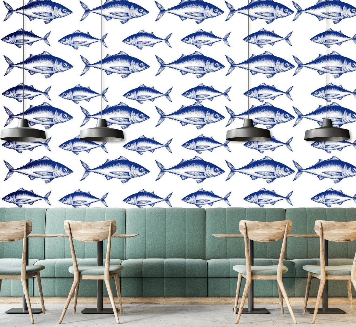 Nautical Blue Fish Pattern Wallpaper, coastal decor, teal sofa, wooden chairs, pendant lighting, dining area.