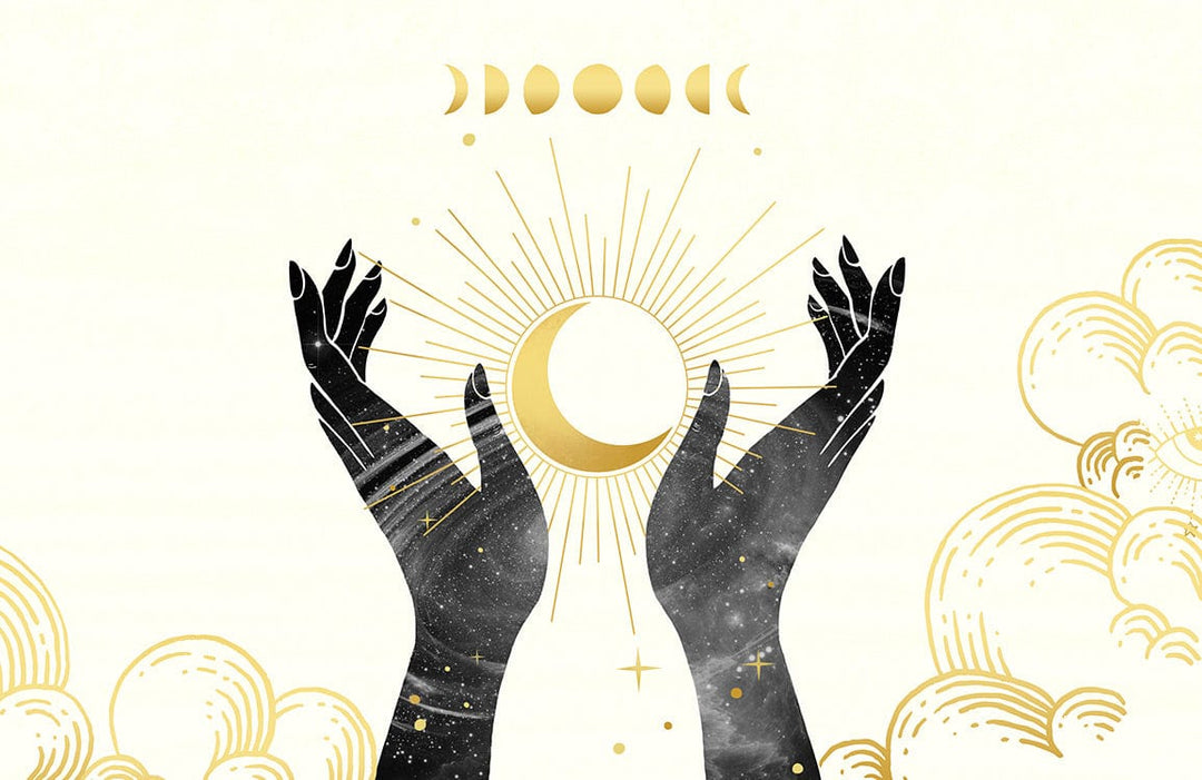 Elegant Celestial Magic Black and Gold Moon Phase Mural Wallpaper