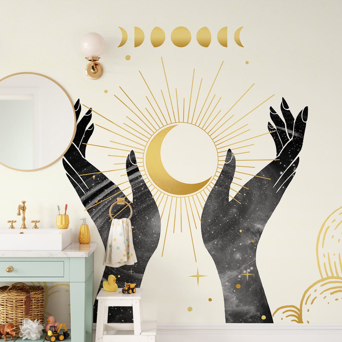 Elegant celestial magic mural, black gold moon phases, bathroom, light walls, mint vanity, stylish decor.
