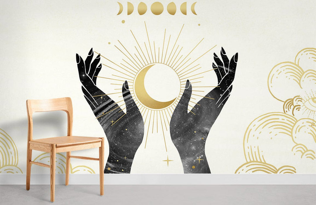 Elegant Celestial Magic mural wallpaper with wooden chair, moon phase design, and minimalist decor, in lounge.