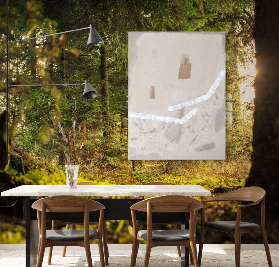 Tranquil Forest Green Mural Wallpaper, dining room setting, wooden chairs, modern decor, serene atmosphere.
