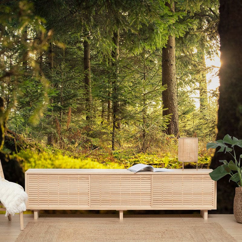 Tranquil Forest Green Nature Mural Wallpaper, wooden sideboard, serene living room, natural decor elements.
