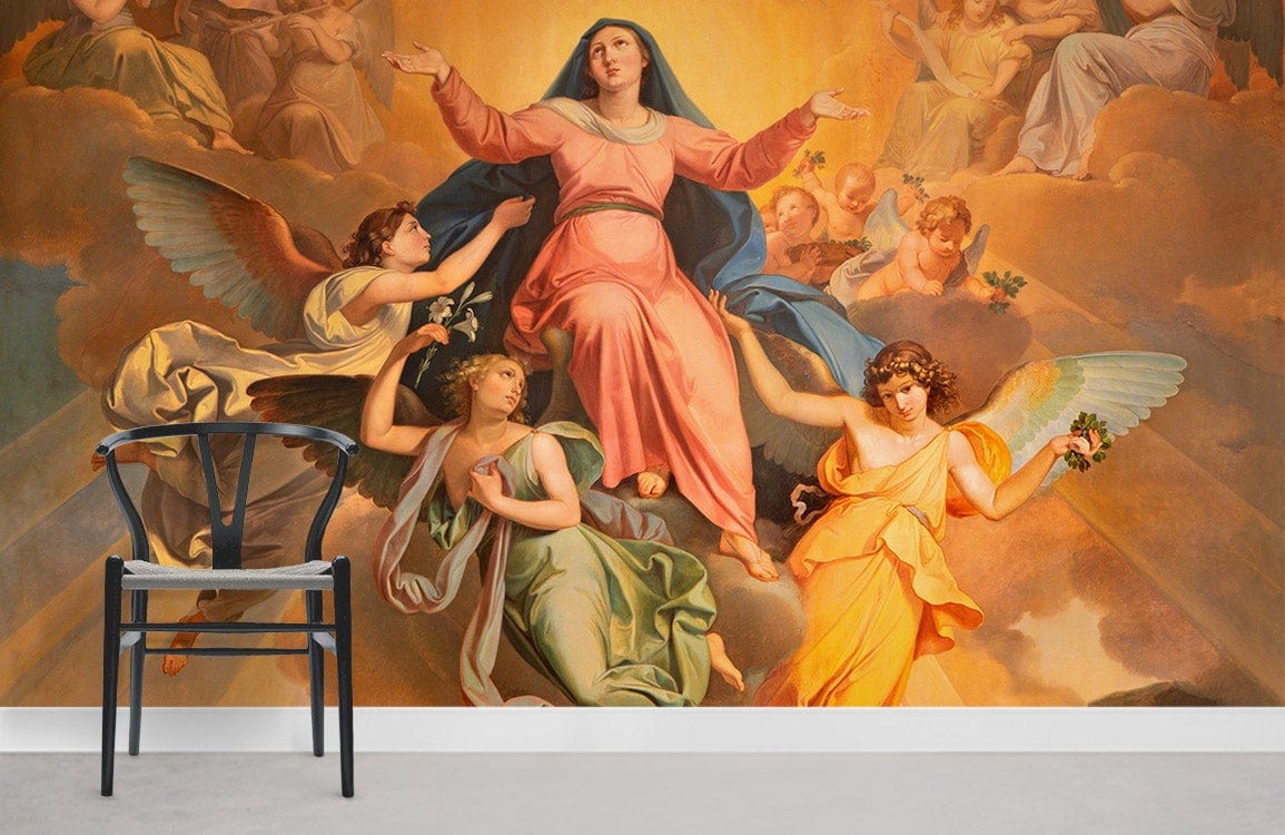 Heavenly Angels Renaissance mural wallpaper in rich tones, classic elegance with modern black chair, concrete floor.