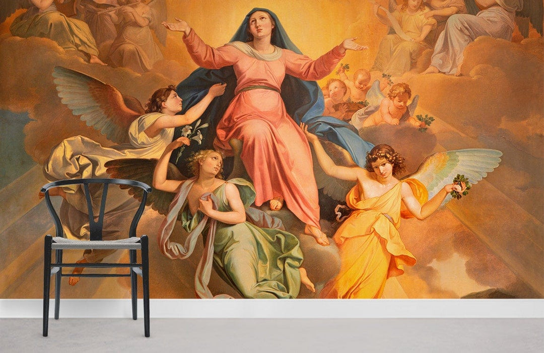 Heavenly Angels Renaissance mural wallpaper in rich tones, classic elegance with modern black chair, concrete floor.