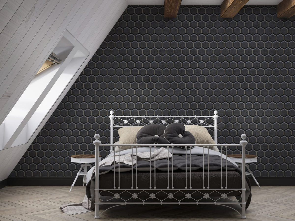 Dark grey hexagonal wallpaper, stylish geometric design, metal bed, attic bedroom, wooden beams, chevron flooring.