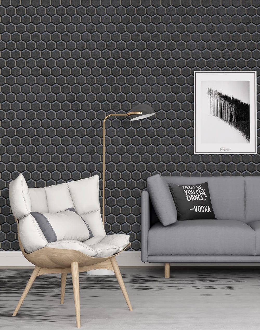 Dark grey hexagonal wallpaper with modern sofa, elegant armchair, floor lamp, and framed artwork in lounge.
