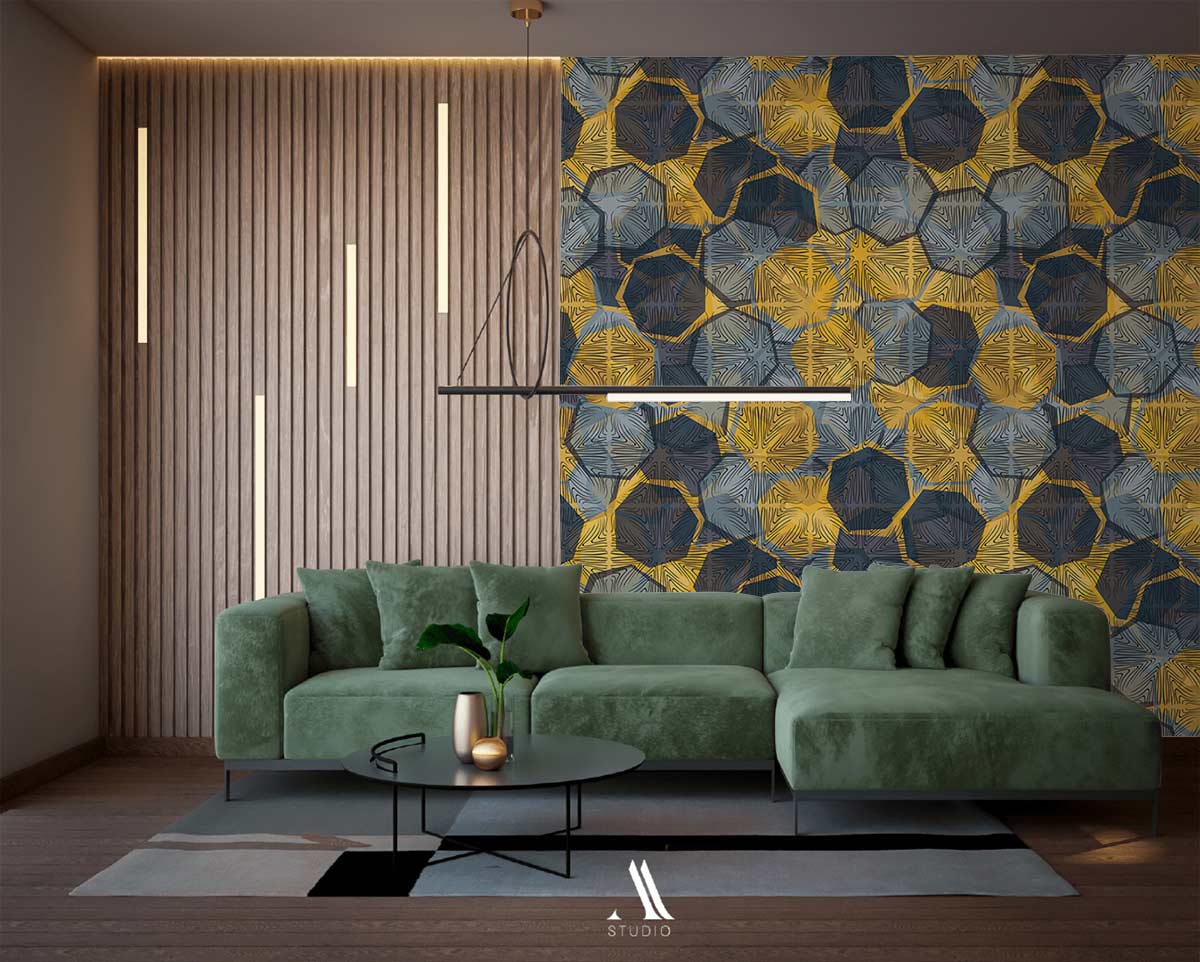 Geometric gold and blue hexagonal wallpaper in modern living room with green velvet sofa, wooden flooring.