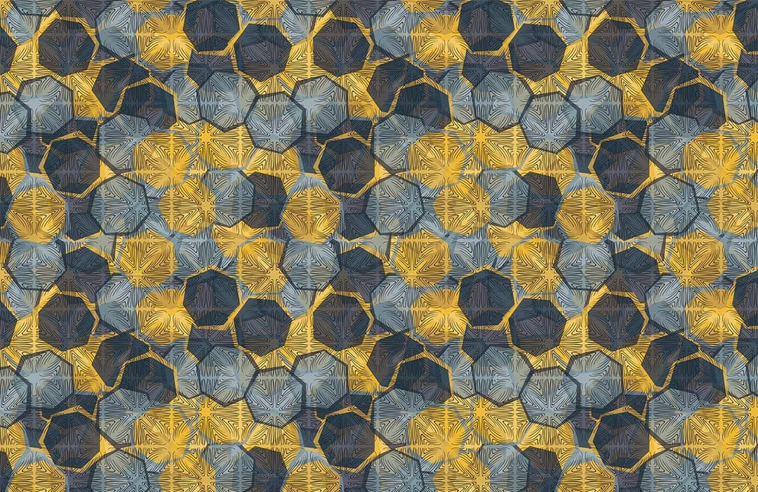 Geometric Gold and Blue Abstract Hexagonal Pattern Wallpaper Design