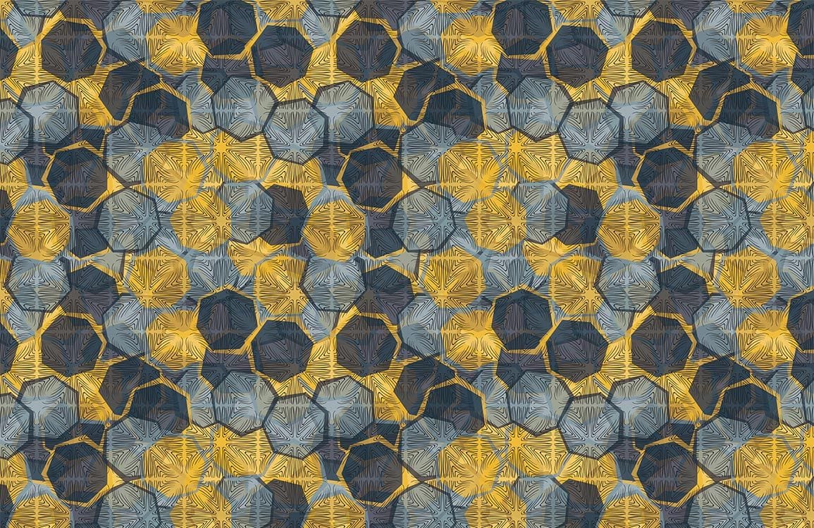 Geometric Gold and Blue Abstract Hexagonal Pattern Wallpaper Design