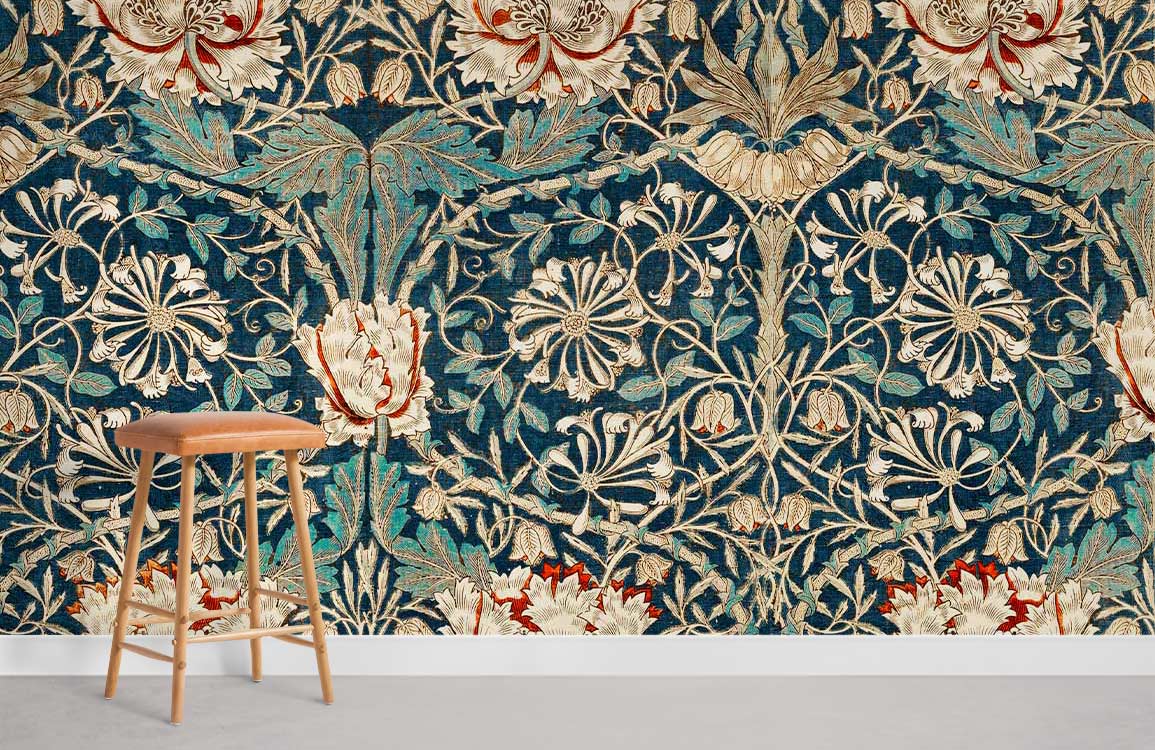 Vintage floral tapestry wallpaper in rich tones complements light wooden stool, enhancing classic room style.