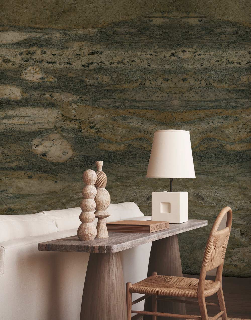 Natural Stone Effect Luxury Mural Wallpaper with Sofa, Wooden Console, Chair, and Lamp in Living Room.