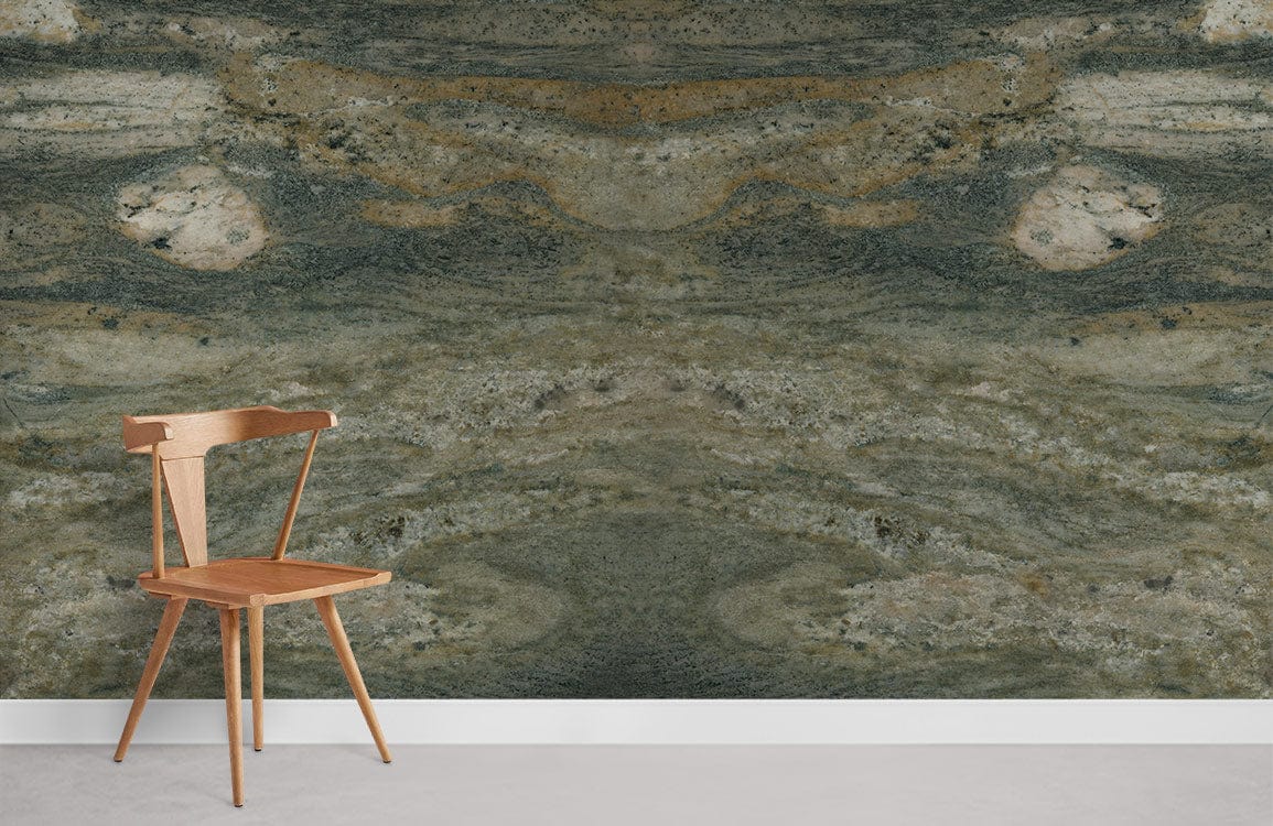 Natural Stone Effect Earthy Tones Luxury Mural Wallpaper with wooden chair, grey flooring in minimalist room.