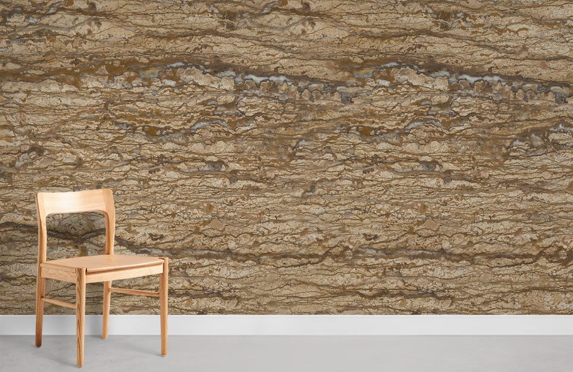 Rustic Earth Tones stone effect wallpaper, wooden chair, minimalist decor, modern living room setting.