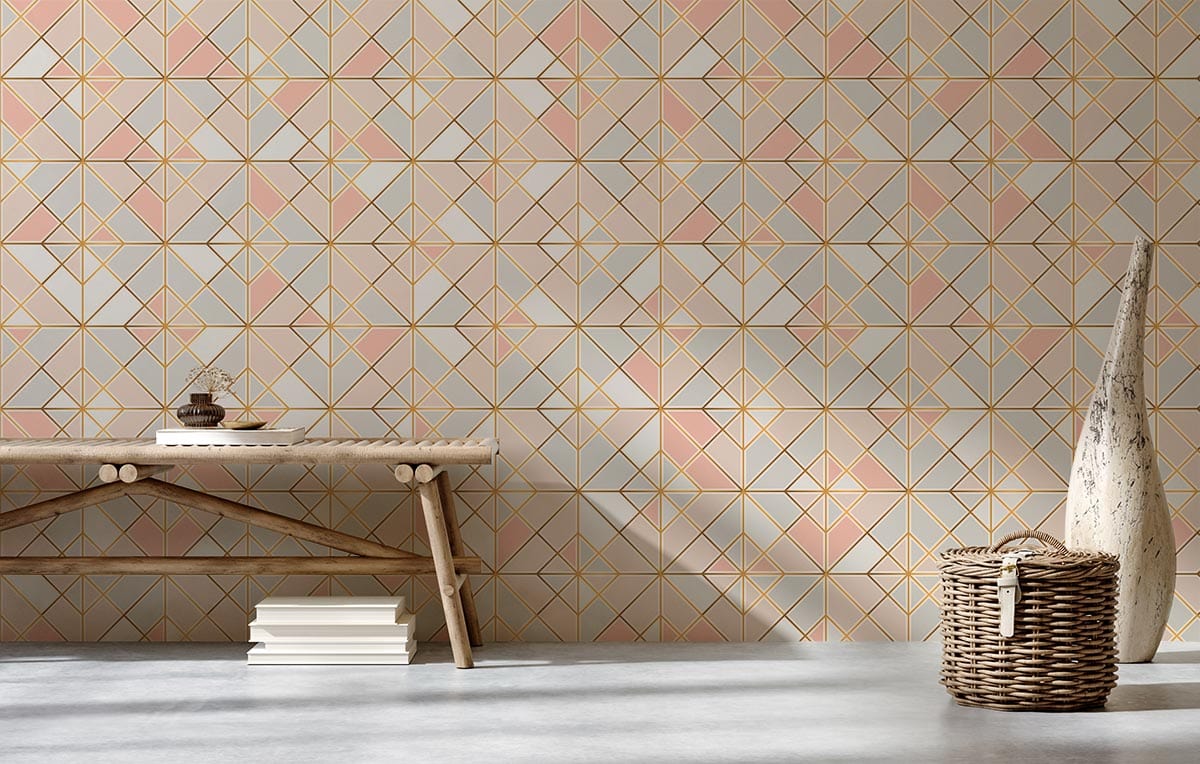 Pastel geometric pattern wallpaper, modern gold lines, wooden table, minimalist vase, grey flooring, contemporary.