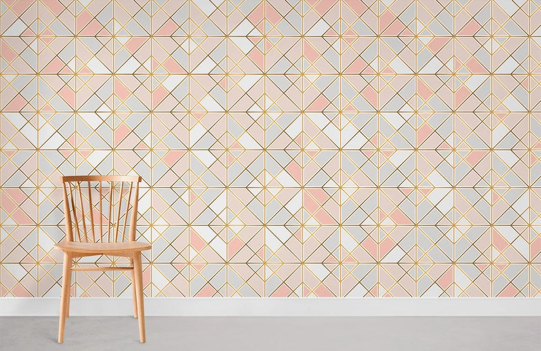 Pastel geometric wallpaper, modern gold lines, wooden chair, carpet flooring, contemporary Décor.
