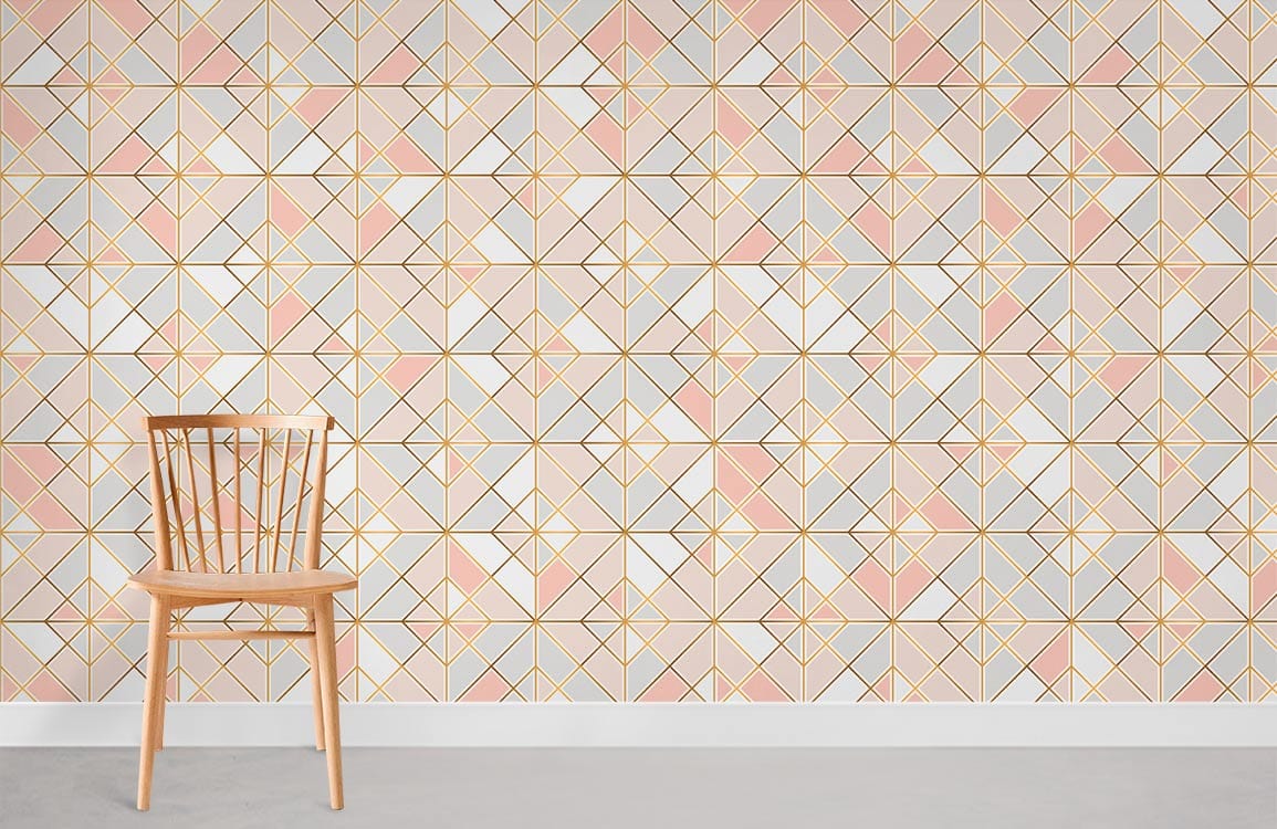 Pastel geometric wallpaper, modern gold lines, wooden chair, carpet flooring, contemporary Décor.