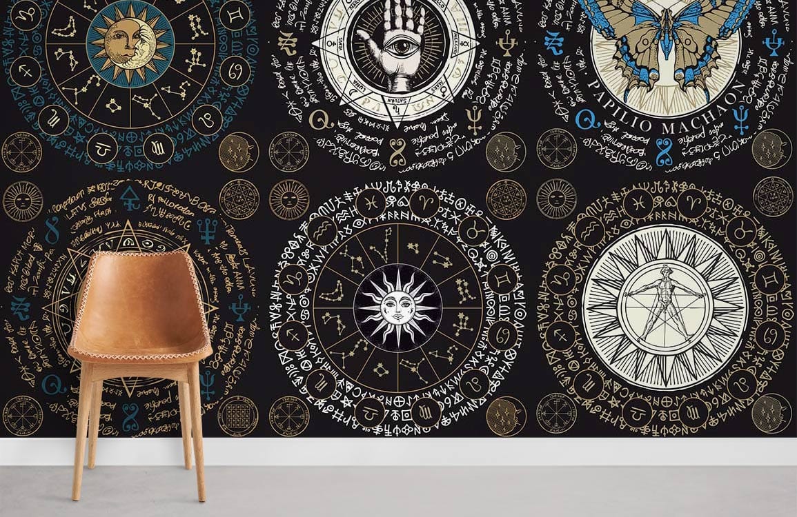 Mystical Zodiac Mandala Wallpaper in black and gold with leather chair on light grey flooring.