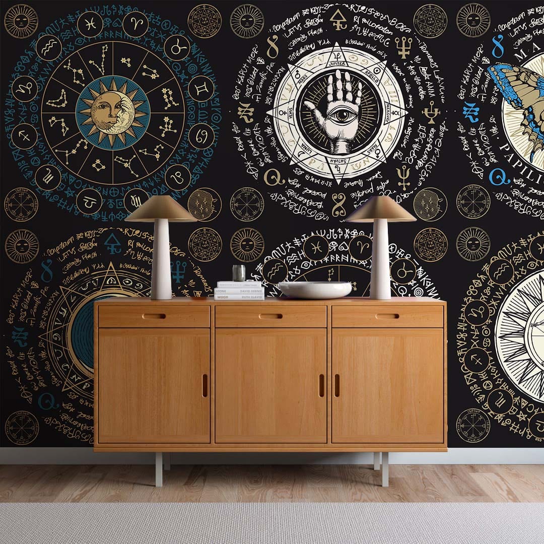 Vintage black and gold zodiac mandala wallpaper with wooden sideboard and modern lamps in living room.