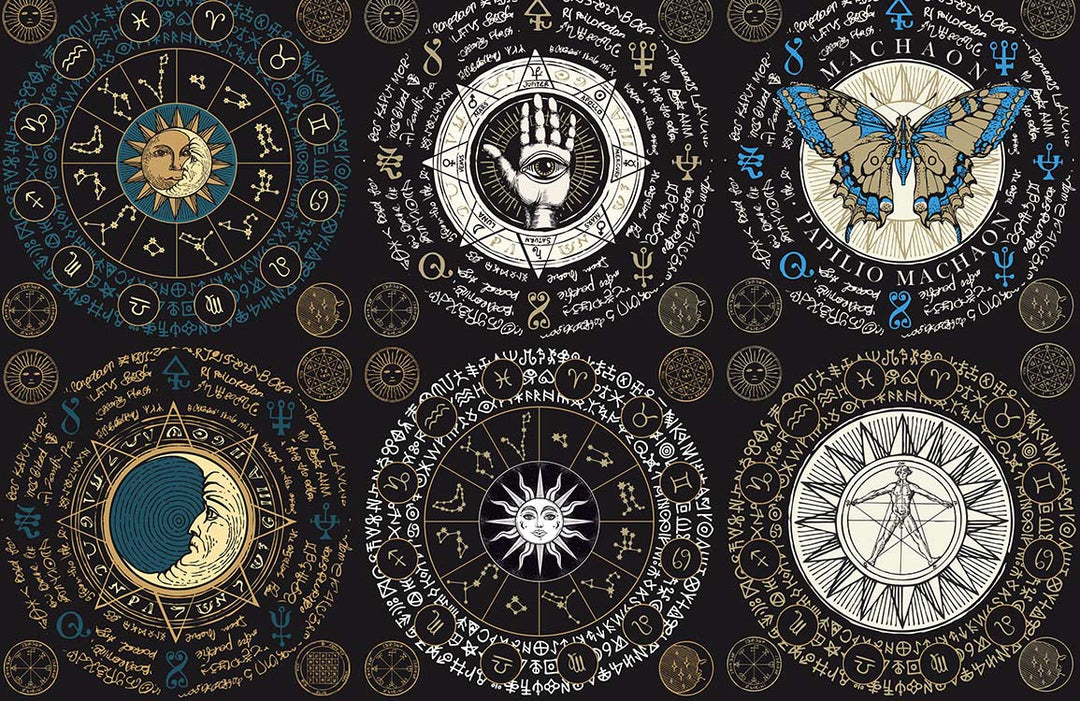 Mystical Zodiac Mandala Wallpaper in Vintage Black and Gold Design