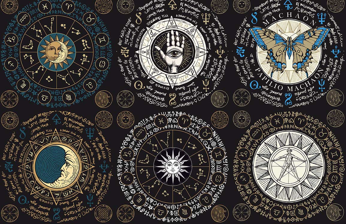 Mystical Zodiac Mandala Wallpaper in Vintage Black and Gold Design