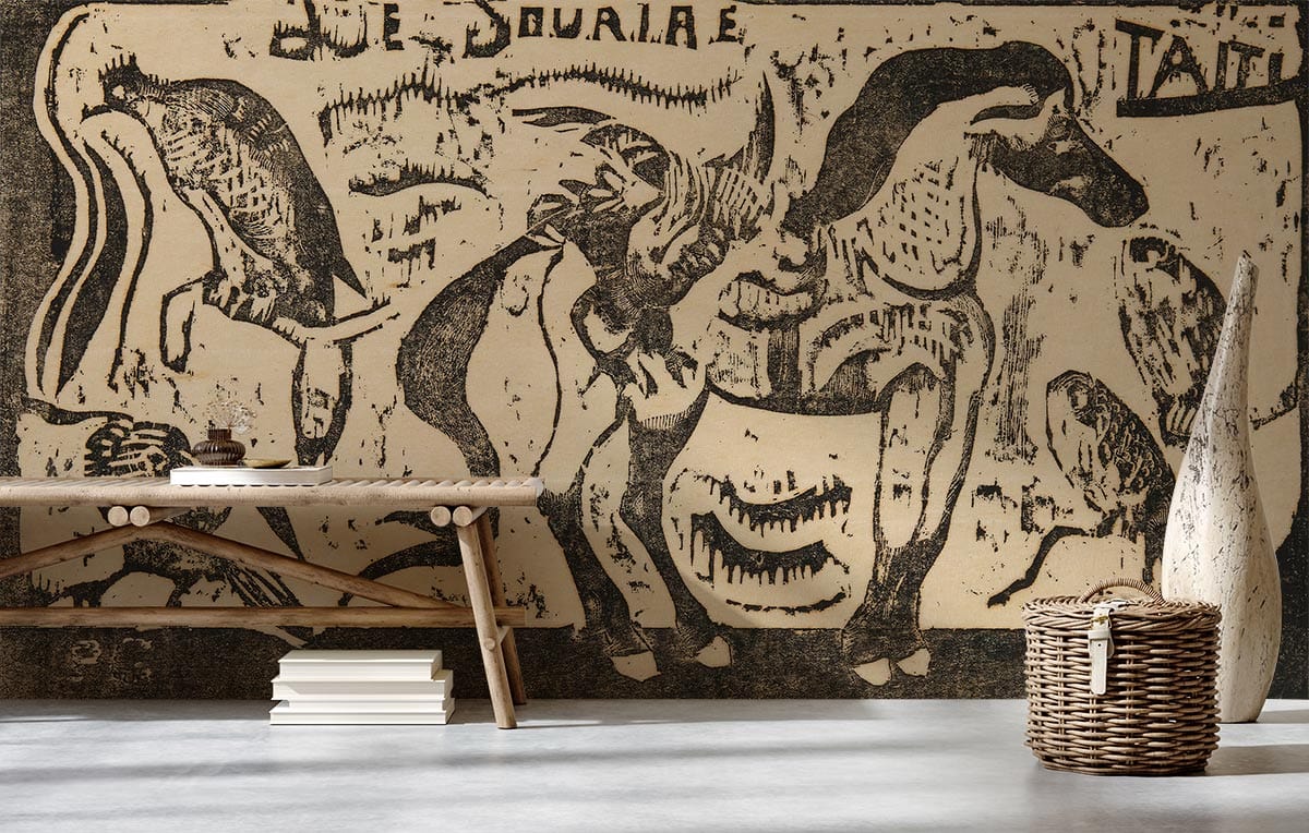 Ancient Safari Serengeti animal mural wallpaper, rustic bench, woven basket, grey flooring in modern room.
