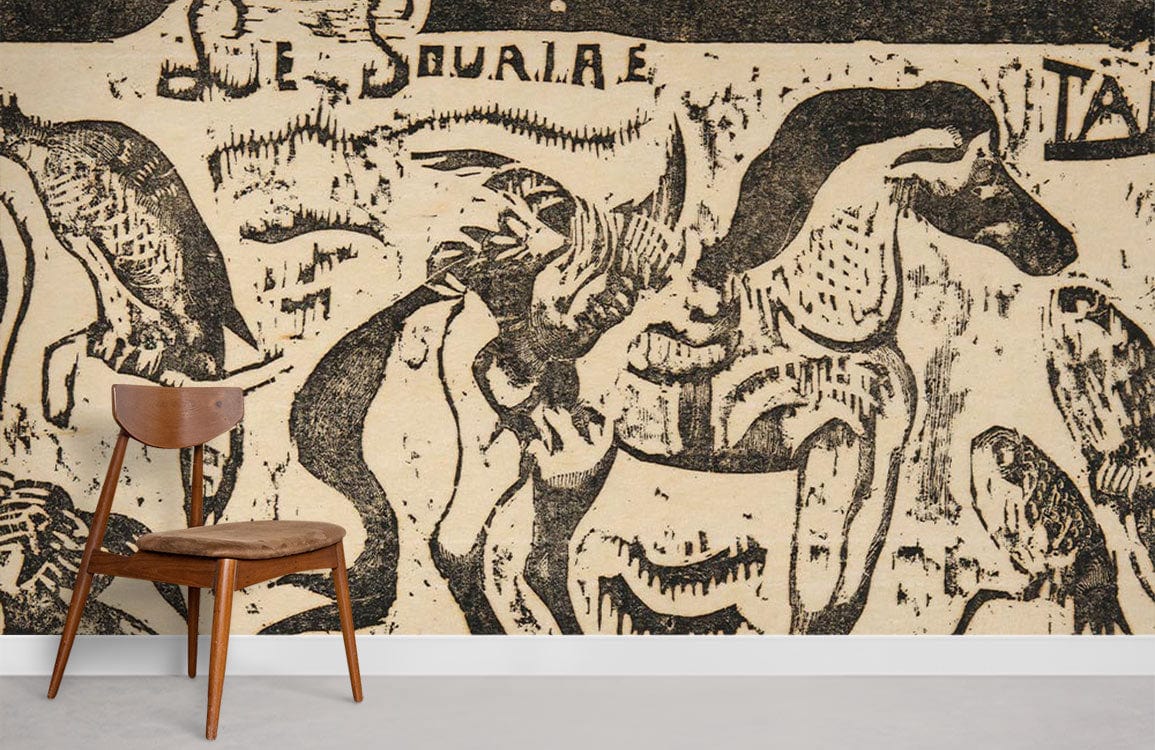 Ancient Safari Serengeti Beige and Black Animal Mural; wood chair; light grey flooring; white skirting.